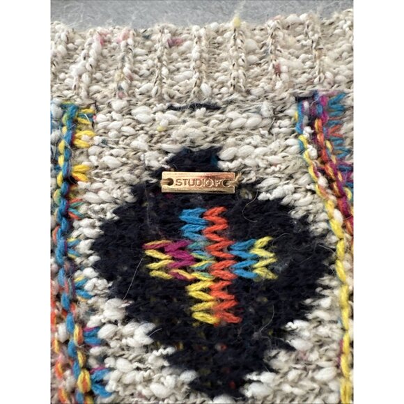 Women's Poncho knit Sweater Aztec Multicolor Metallic Patches Button Side Sz 10 - Picture 11 of 15